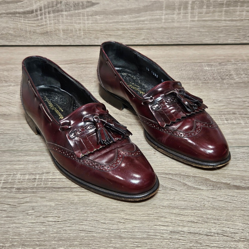 Johnston & Murphy Mens 8.5 M Burgundy Leather Kiltie Tassel Wingtip Loafers 1333